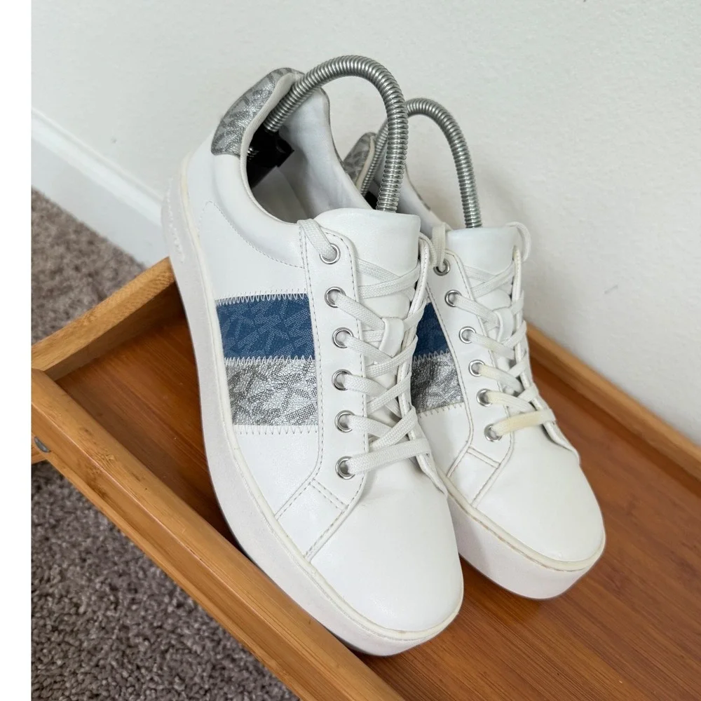 Michael Kors Poppy White Platform Sneakers Blue Silver Logo Stripe LS24J Sz 8.5